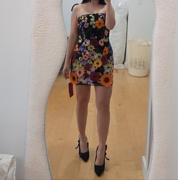 Strapless Floral Mini Dress in Black with Multicolor Blooms - Picture 2 of 2